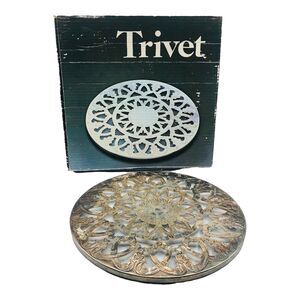 VTG Silverplate Glass Leonard Spain Trivet 6” Boho Victorian Medallion Orig Box